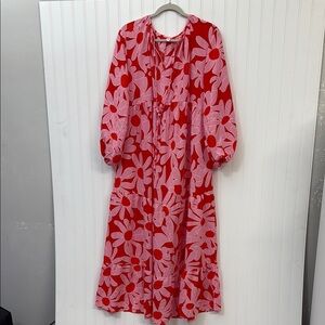 Dokotoo Red and Pink Floral Dress Daisy Long Sleeve Boho Travel Tiered Floral